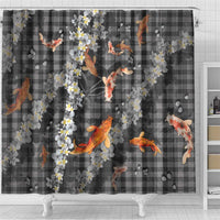 Black Palaka Hawaiian And Japanese Shower Curtain Sakura Lei With Koi Fish - Polynesian Pride