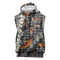 Black Palaka Hawaiian And Japanese Sleeveless Hoodie Sakura Lei With Koi Fish - Polynesian Pride