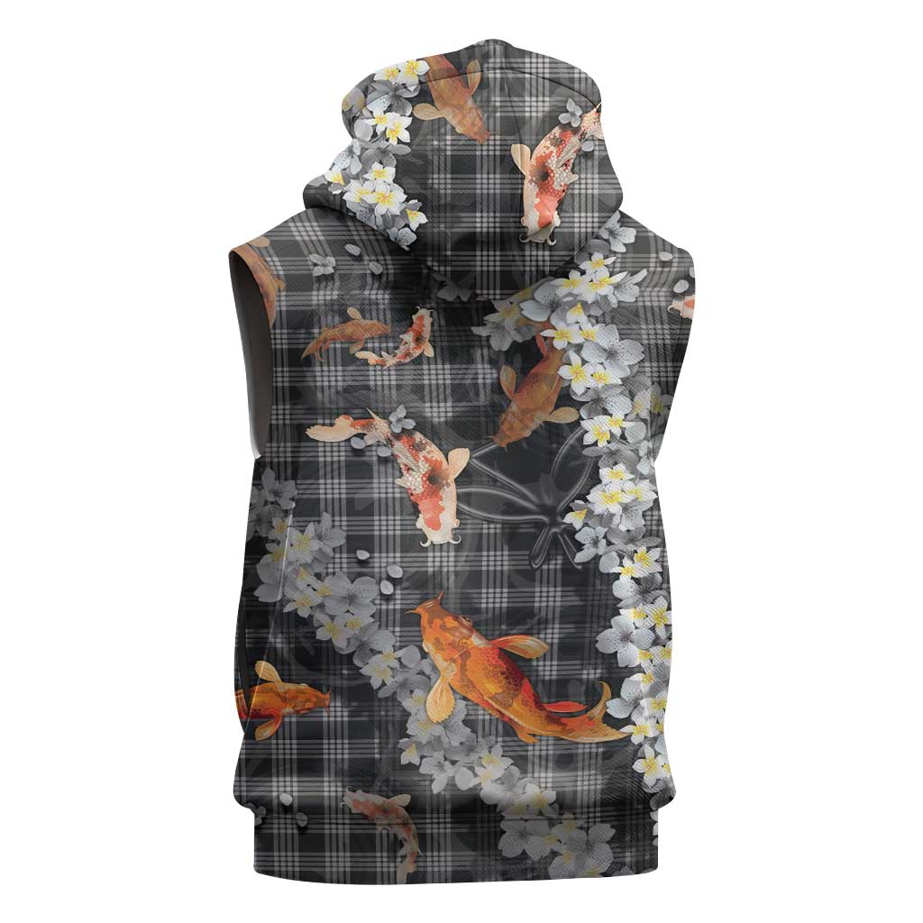 Black Palaka Hawaiian And Japanese Sleeveless Hoodie Sakura Lei With Koi Fish - Polynesian Pride