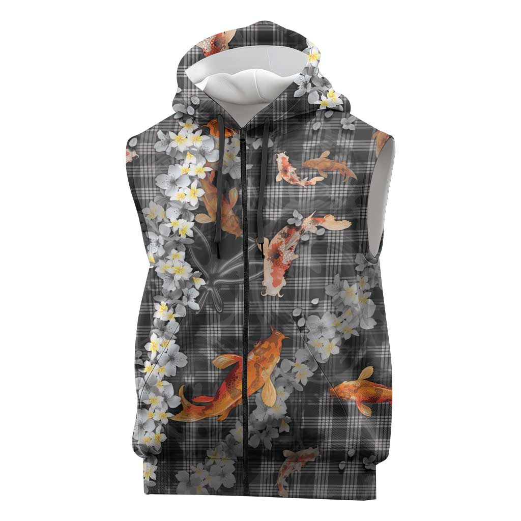 Black Palaka Hawaiian And Japanese Sleeveless Zip Hoodie Sakura Lei With Koi Fish DT05 Black - Polynesian Pride