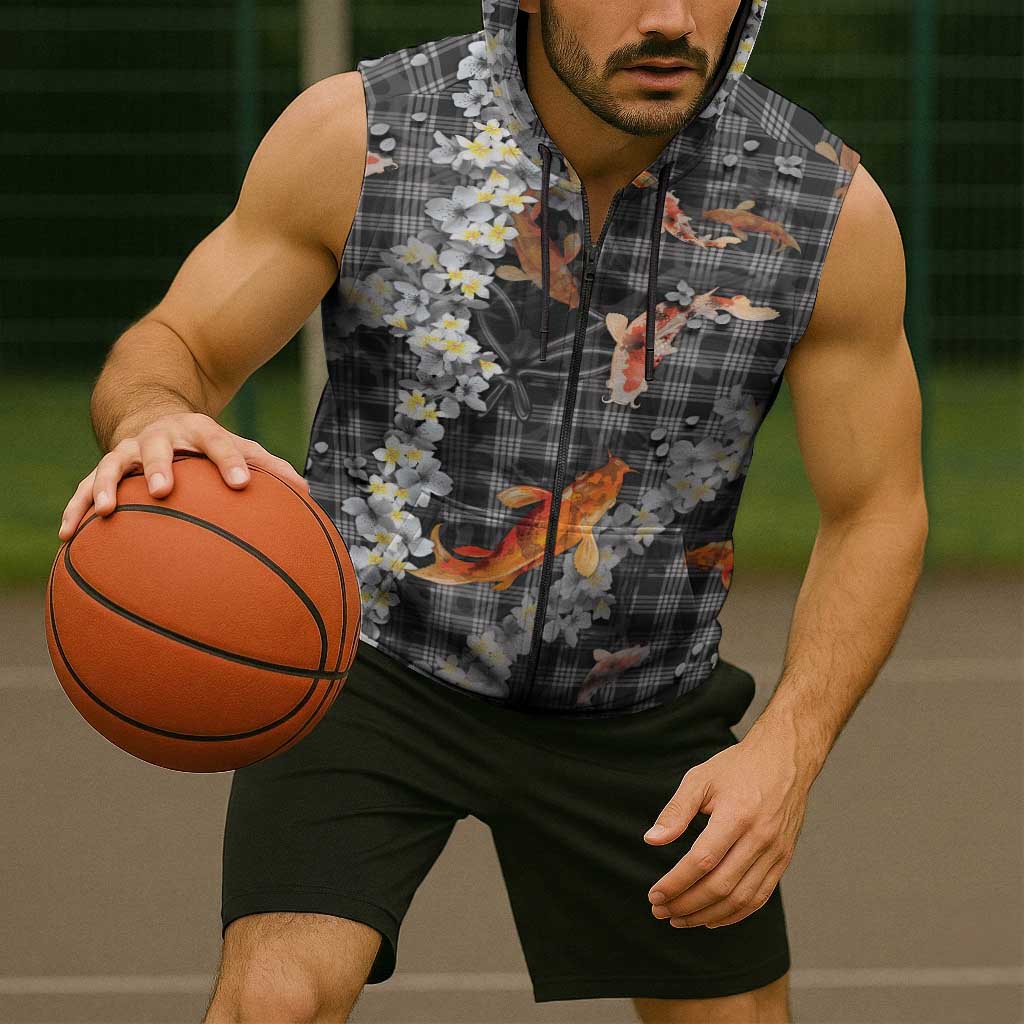 Black Palaka Hawaiian And Japanese Sleeveless Zip Hoodie Sakura Lei With Koi Fish - Polynesian Pride