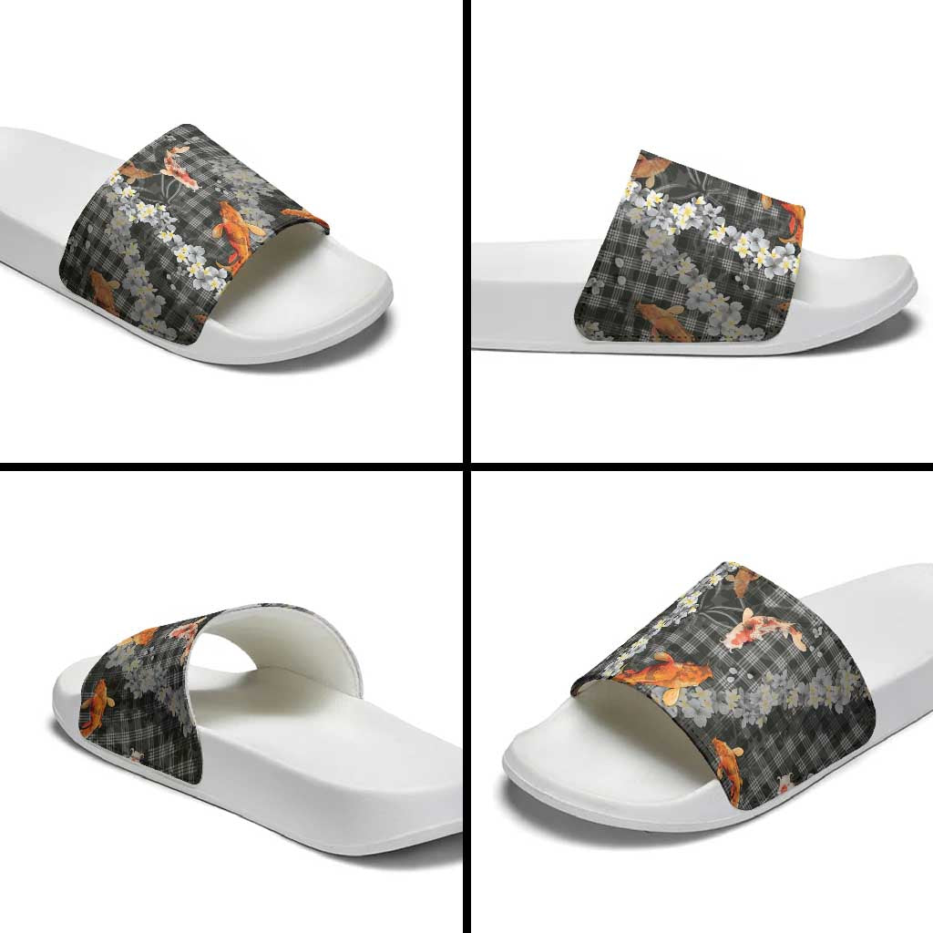 Black Palaka Hawaiian And Japanese Slide Sandals Sakura Lei With Koi Fish - Polynesian Pride