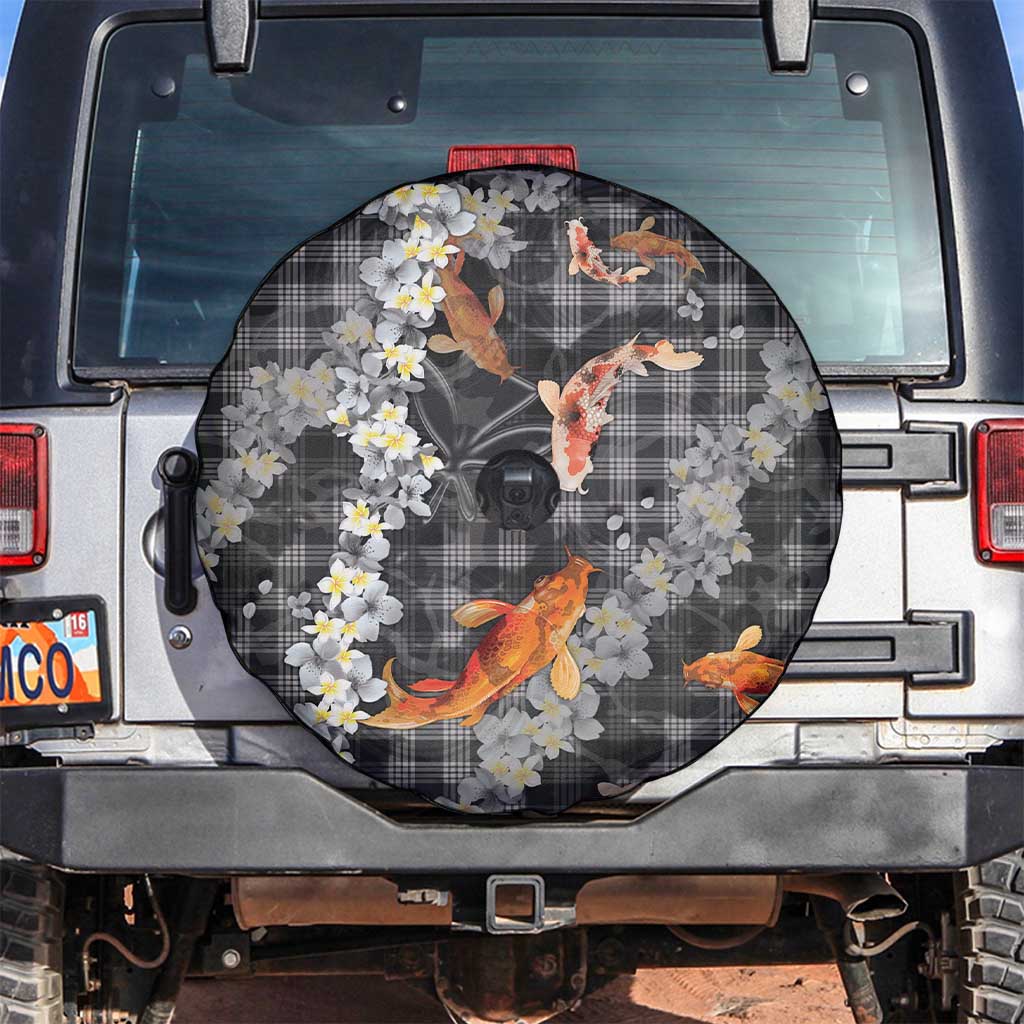 Black Palaka Hawaiian And Japanese Spare Tire Cover Sakura Lei With Koi Fish DT05 Black - Polynesian Pride
