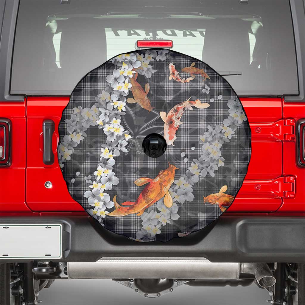 Black Palaka Hawaiian And Japanese Spare Tire Cover Sakura Lei With Koi Fish DT05 - Polynesian Pride