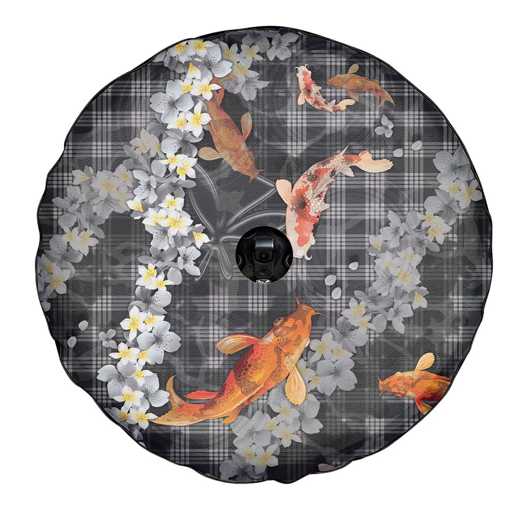 Black Palaka Hawaiian And Japanese Spare Tire Cover Sakura Lei With Koi Fish DT05 - Polynesian Pride