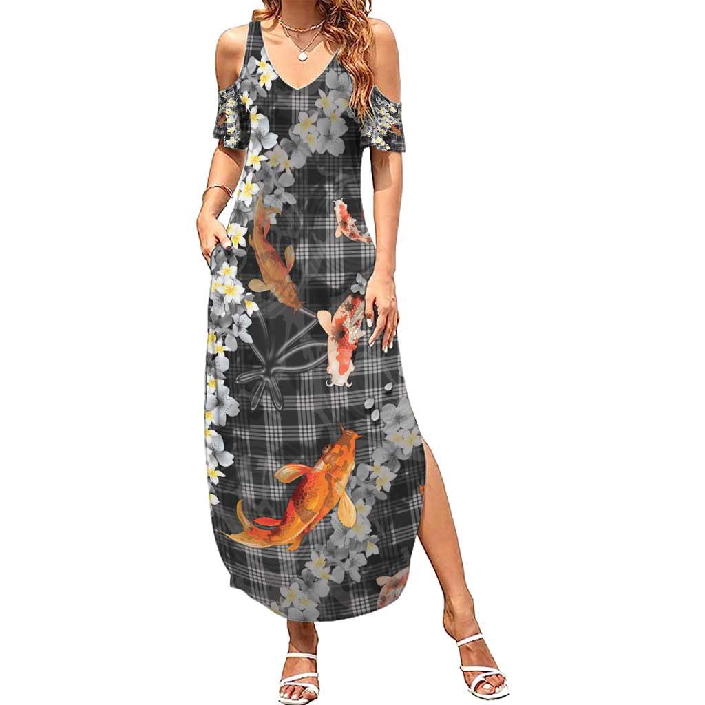 Black Palaka Hawaiian And Japanese Summer Maxi Dress Sakura Lei With Koi Fish - Polynesian Pride