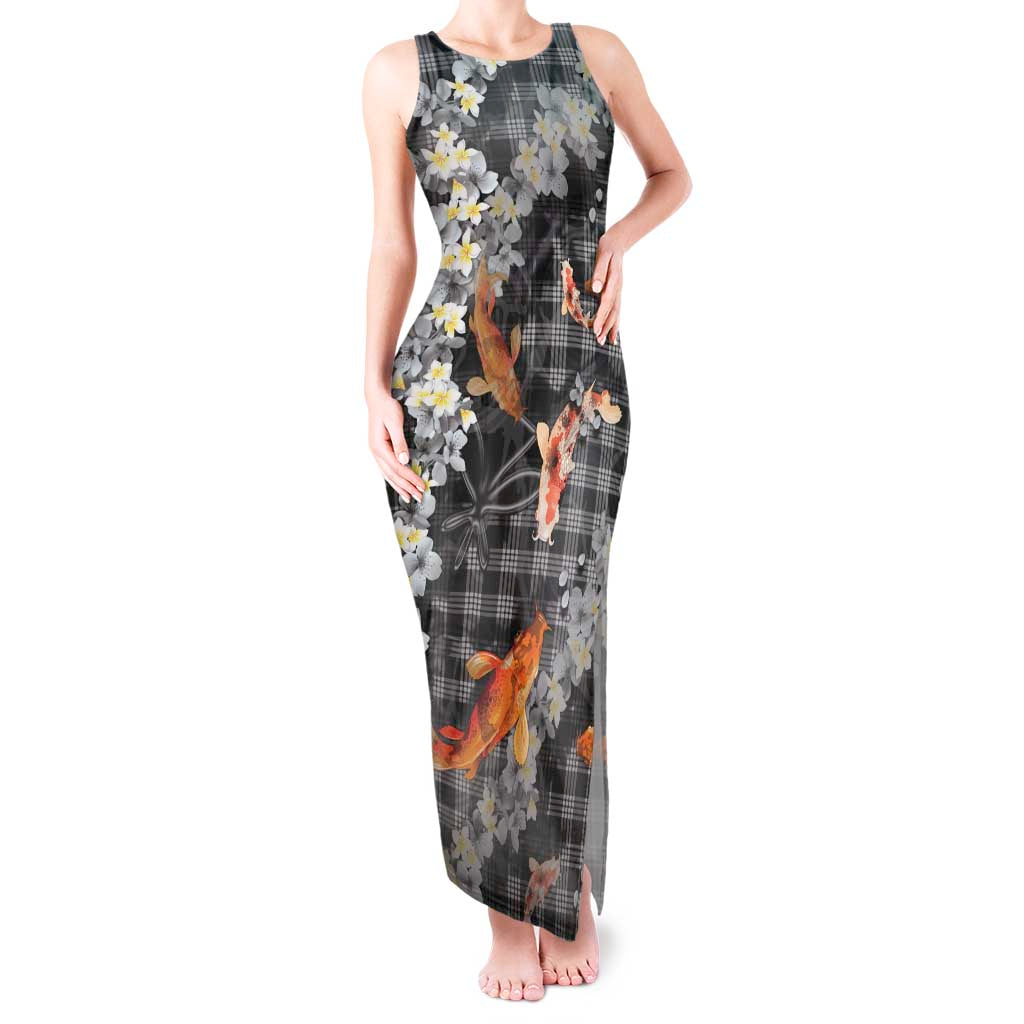 Black Palaka Hawaiian And Japanese Tank Maxi Dress Sakura Lei With Koi Fish DT05 Women Black - Polynesian Pride