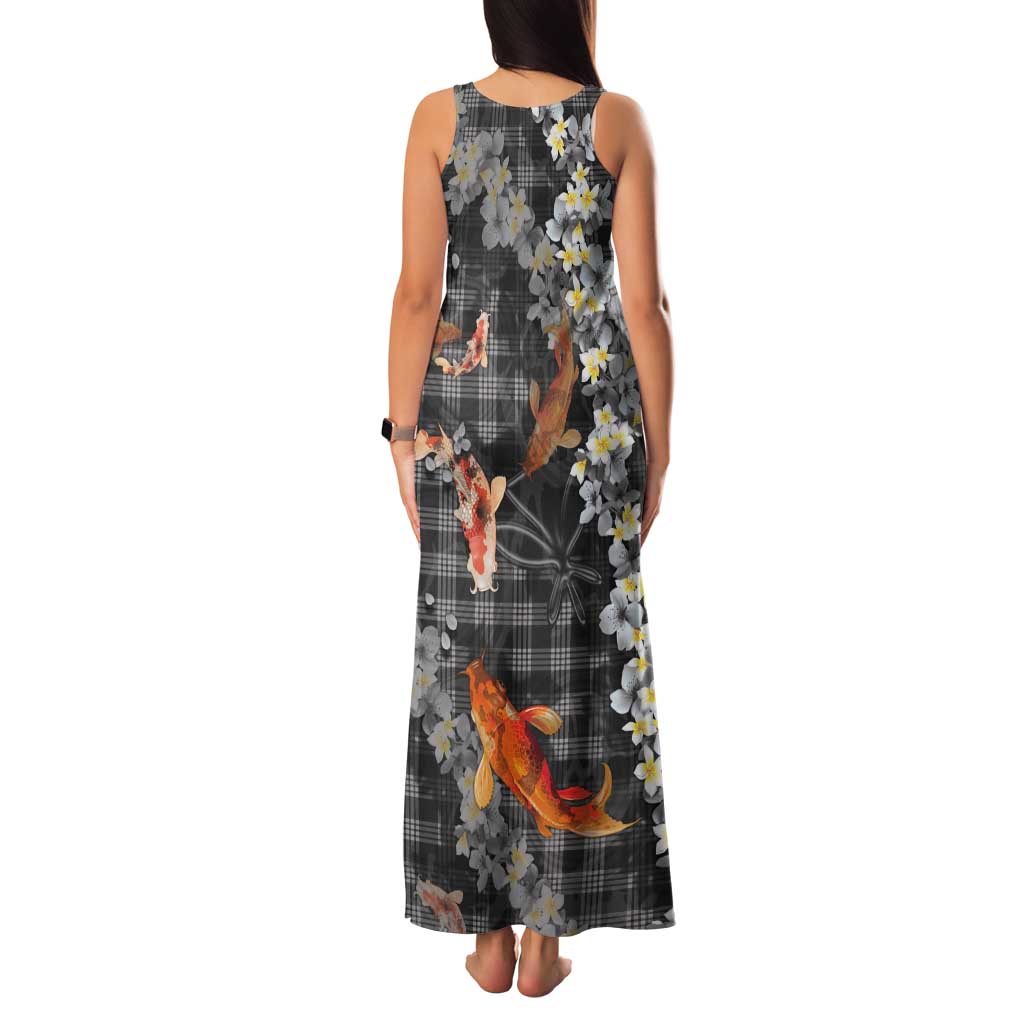 Black Palaka Hawaiian And Japanese Tank Maxi Dress Sakura Lei With Koi Fish DT05 - Polynesian Pride