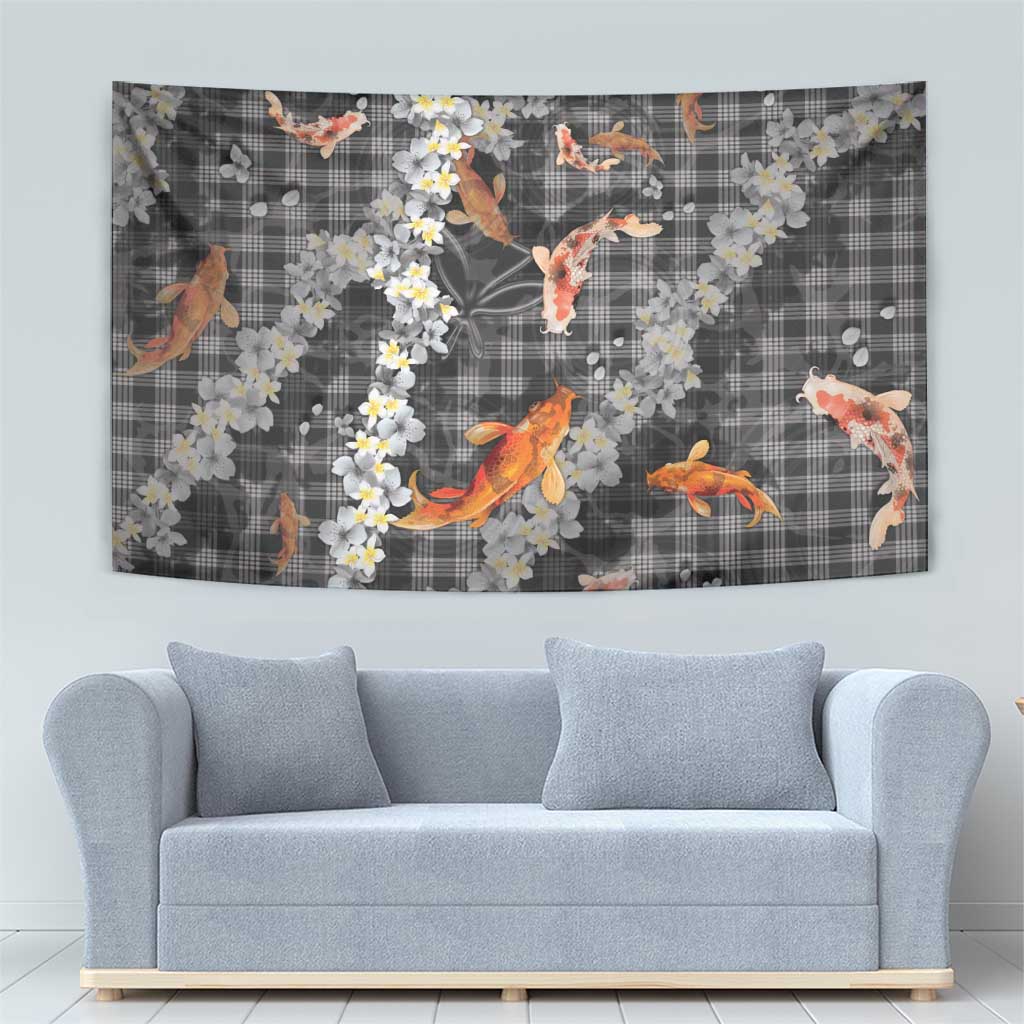 Black Palaka Hawaiian And Japanese Tapestry Sakura Lei With Koi Fish - Polynesian Pride