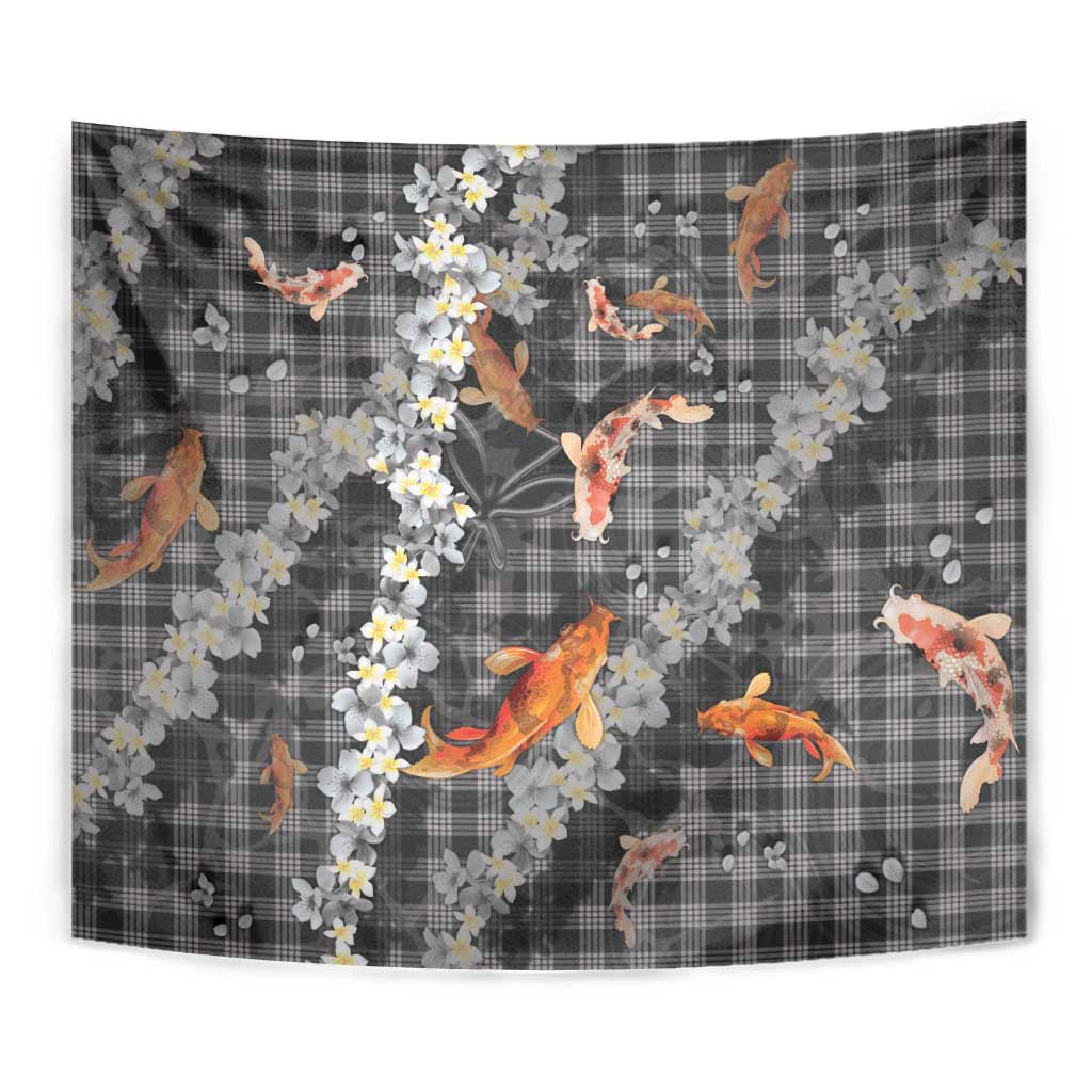 Black Palaka Hawaiian And Japanese Tapestry Sakura Lei With Koi Fish - Polynesian Pride