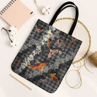 Black Palaka Hawaiian And Japanese Tote Bag Sakura Lei With Koi Fish DT05 Black Strap One Size Black - Polynesian Pride
