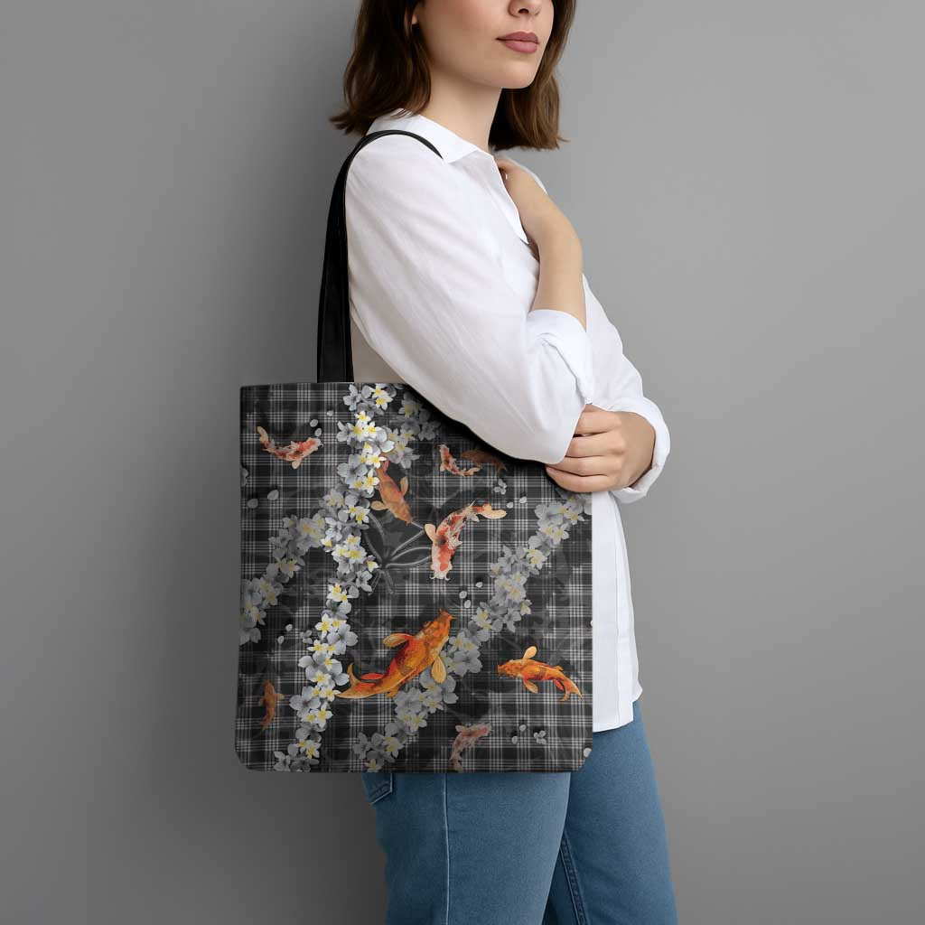 Black Palaka Hawaiian And Japanese Tote Bag Sakura Lei With Koi Fish DT05 - Polynesian Pride