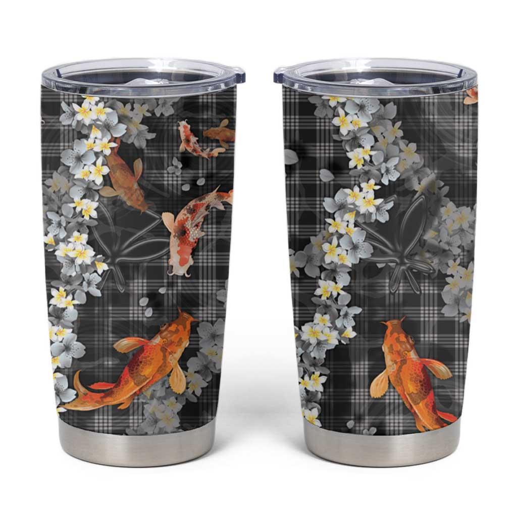 Black Palaka Hawaiian And Japanese Tumbler Cup Sakura Lei With Koi Fish - Polynesian Pride