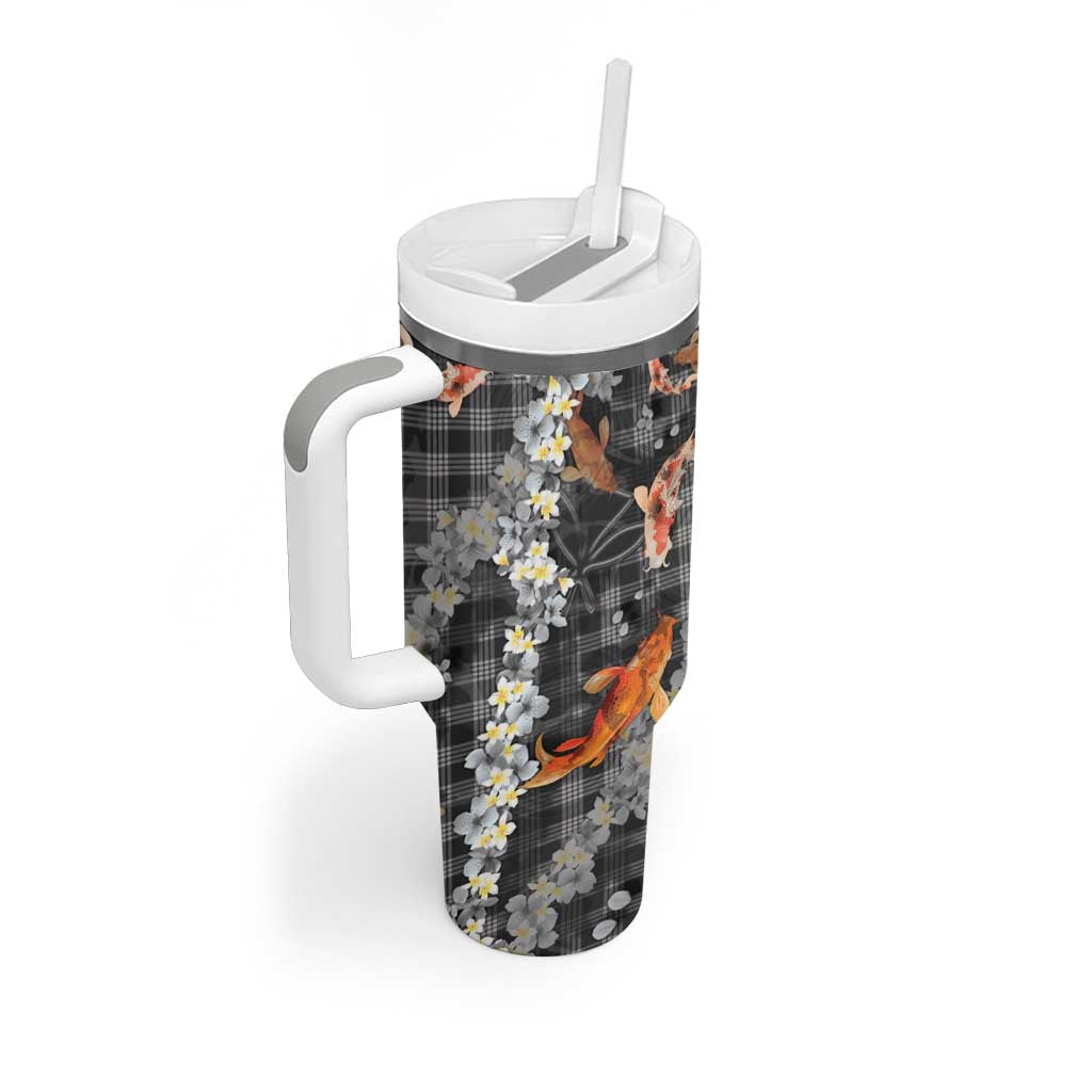 Black Palaka Hawaiian And Japanese Tumbler With Handle Sakura Lei With Koi Fish - Polynesian Pride