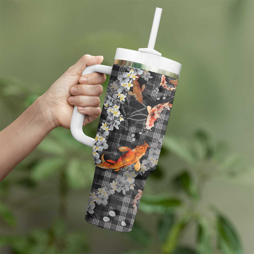 Black Palaka Hawaiian And Japanese Tumbler With Handle Sakura Lei With Koi Fish - Polynesian Pride