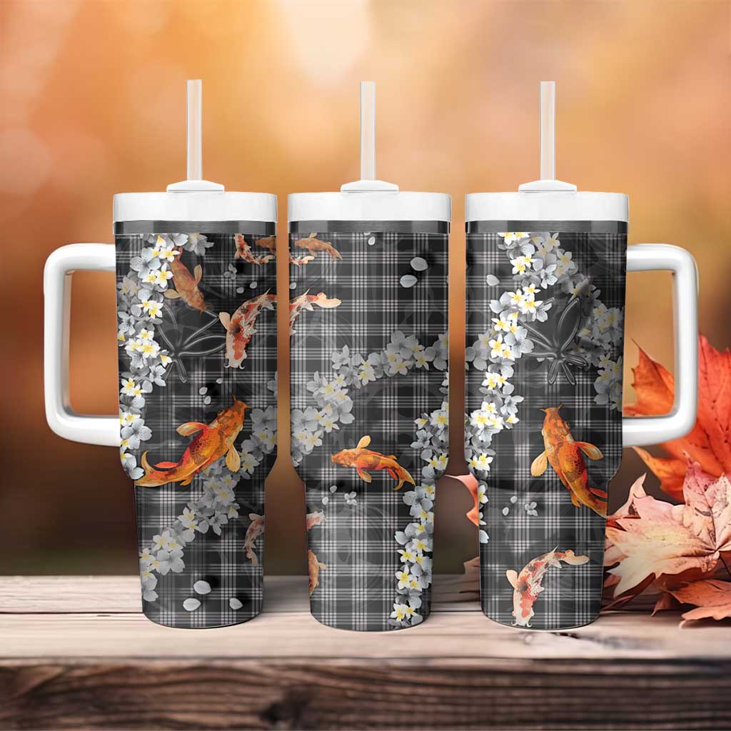 Black Palaka Hawaiian And Japanese Tumbler With Handle Sakura Lei With Koi Fish - Polynesian Pride