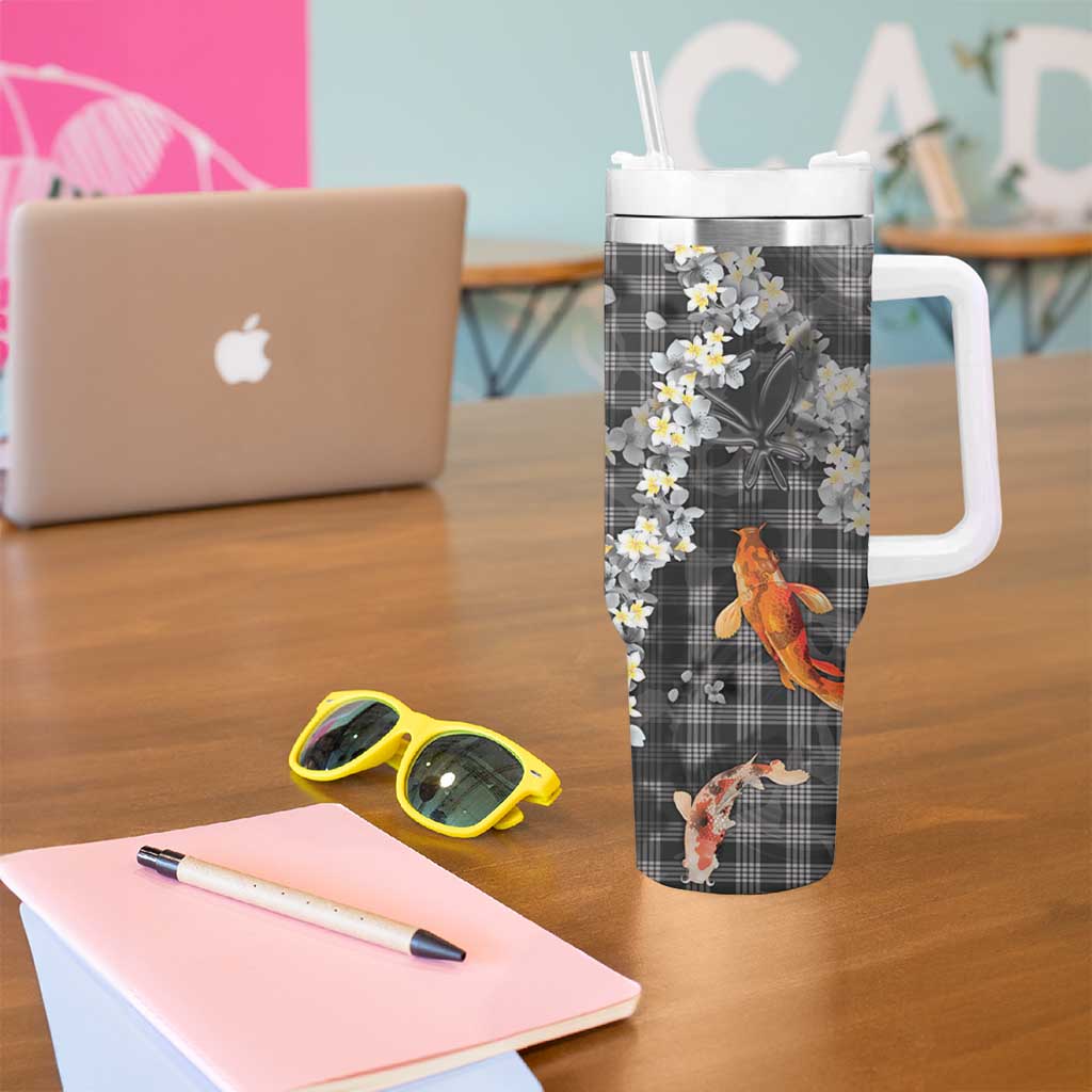 Black Palaka Hawaiian And Japanese Tumbler With Handle Sakura Lei With Koi Fish - Polynesian Pride