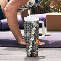 Black Palaka Hawaiian And Japanese Tumbler With Handle Sakura Lei With Koi Fish - Polynesian Pride