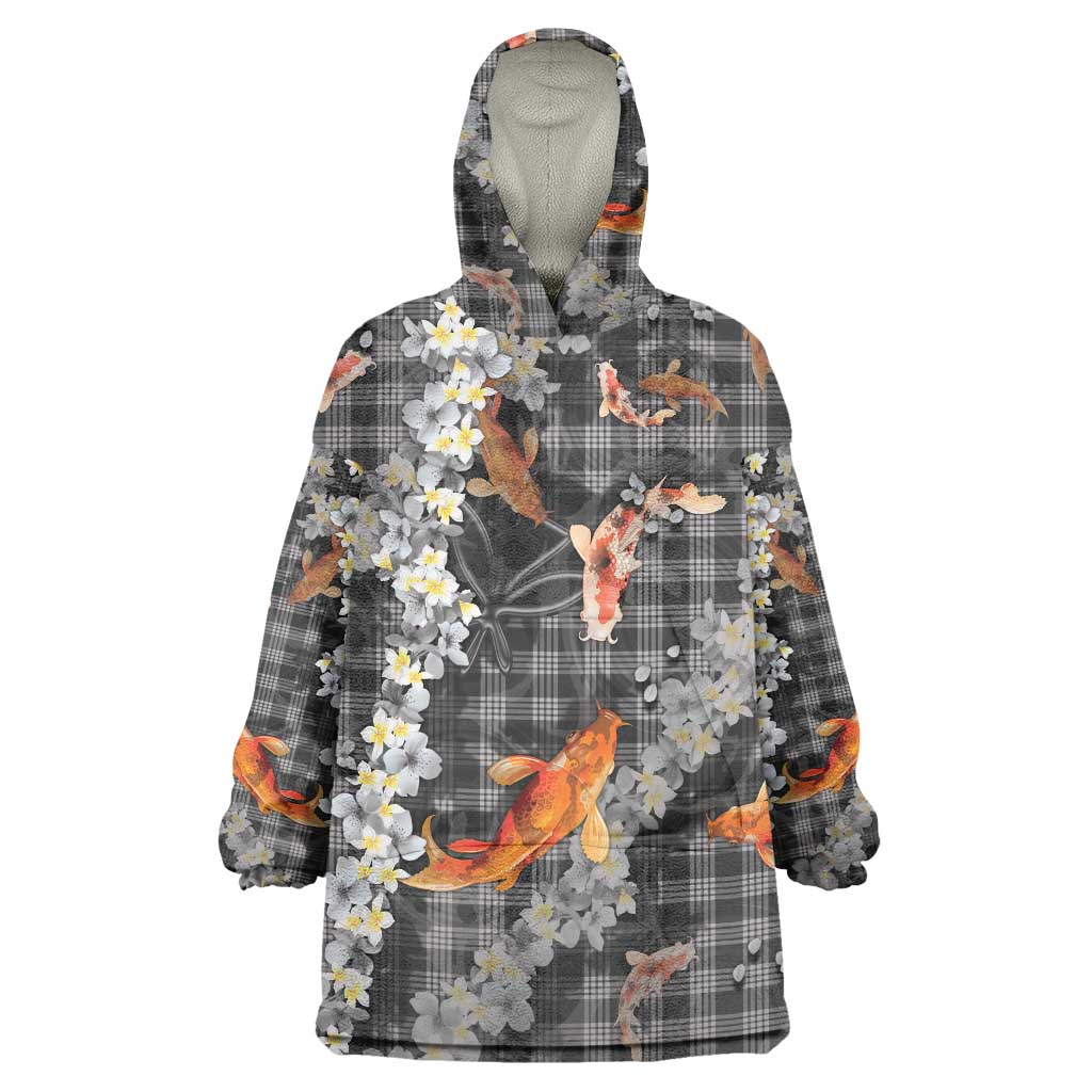 Black Palaka Hawaiian And Japanese Wearable Blanket Hoodie Sakura Lei With Koi Fish - Polynesian Pride