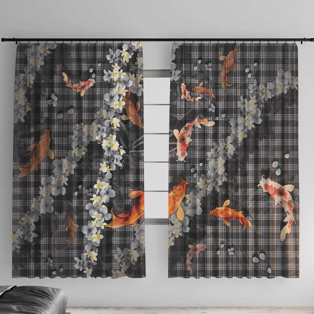 Black Palaka Hawaiian And Japanese Window Curtain Sakura Lei With Koi Fish - Polynesian Pride