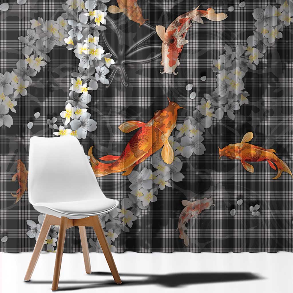 Black Palaka Hawaiian And Japanese Window Curtain Sakura Lei With Koi Fish - Polynesian Pride