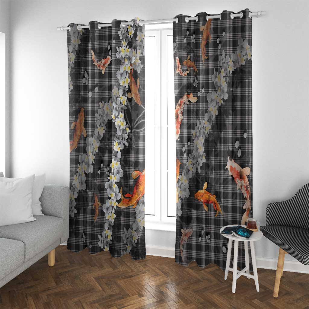Black Palaka Hawaiian And Japanese Window Curtain Sakura Lei With Koi Fish - Polynesian Pride