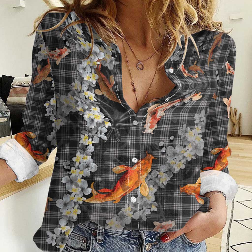 Black Palaka Hawaiian And Japanese Women Casual Shirt Sakura Lei With Koi Fish - Polynesian Pride
