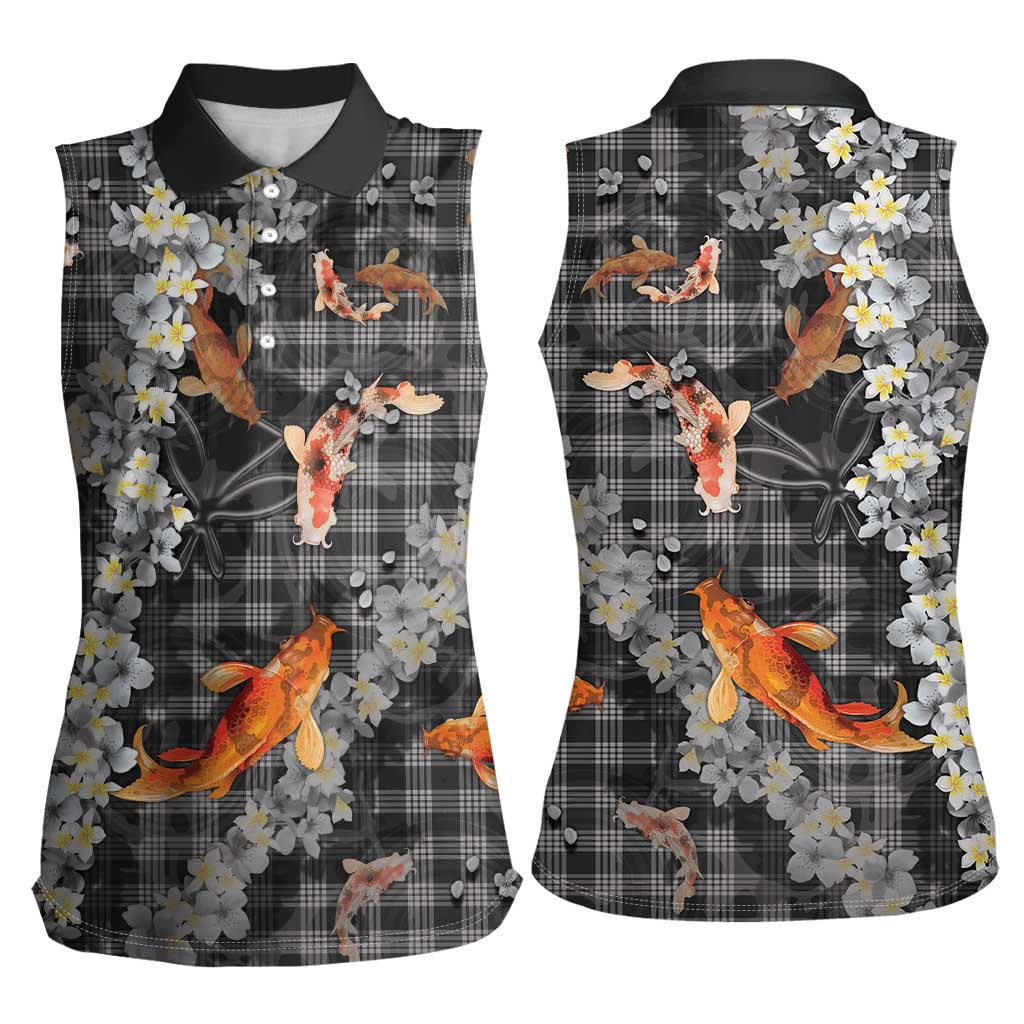Black Palaka Hawaiian And Japanese Women Sleeveless Polo Shirt Sakura Lei With Koi Fish - Polynesian Pride