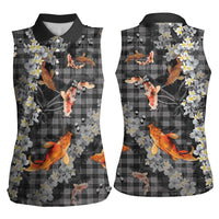 Black Palaka Hawaiian And Japanese Women Sleeveless Polo Shirt Sakura Lei With Koi Fish - Polynesian Pride