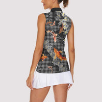 Black Palaka Hawaiian And Japanese Women Sleeveless Polo Shirt Sakura Lei With Koi Fish - Polynesian Pride