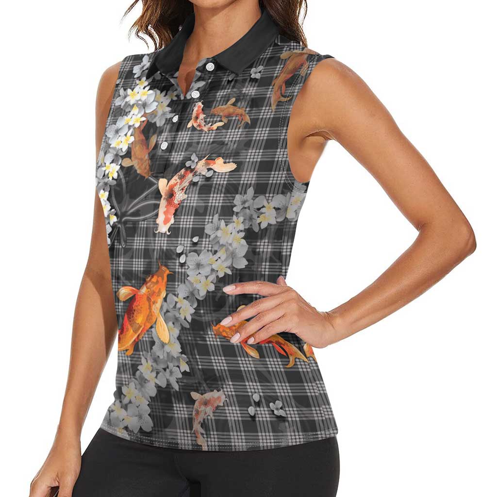 Black Palaka Hawaiian And Japanese Women Sleeveless Polo Shirt Sakura Lei With Koi Fish - Polynesian Pride