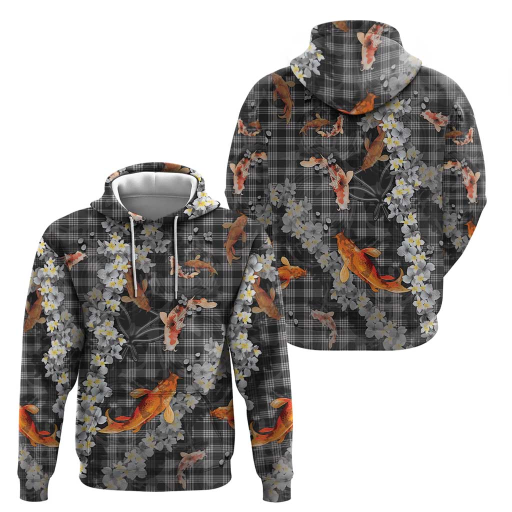 Black Palaka Hawaiian And Japanese Zip Hoodie Sakura Lei With Koi Fish - Polynesian Pride