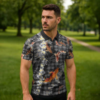 Black Palaka Hawaiian And Japanese Zipper Polo Shirt Sakura Lei With Koi Fish - Polynesian Pride