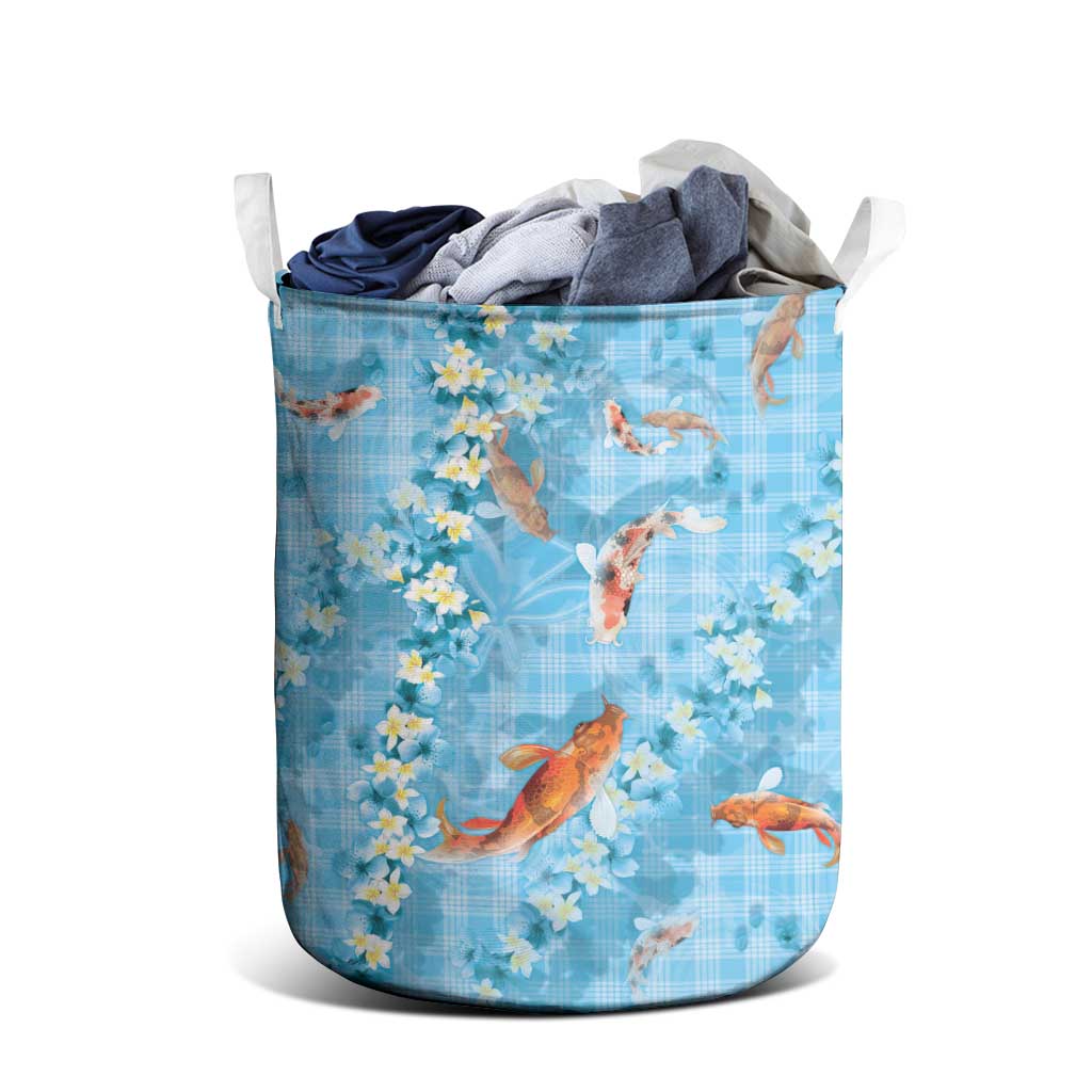 Blue Palaka Hawaiian And Japanese Laundry Basket Sakura Lei With Koi Fish - Polynesian Pride