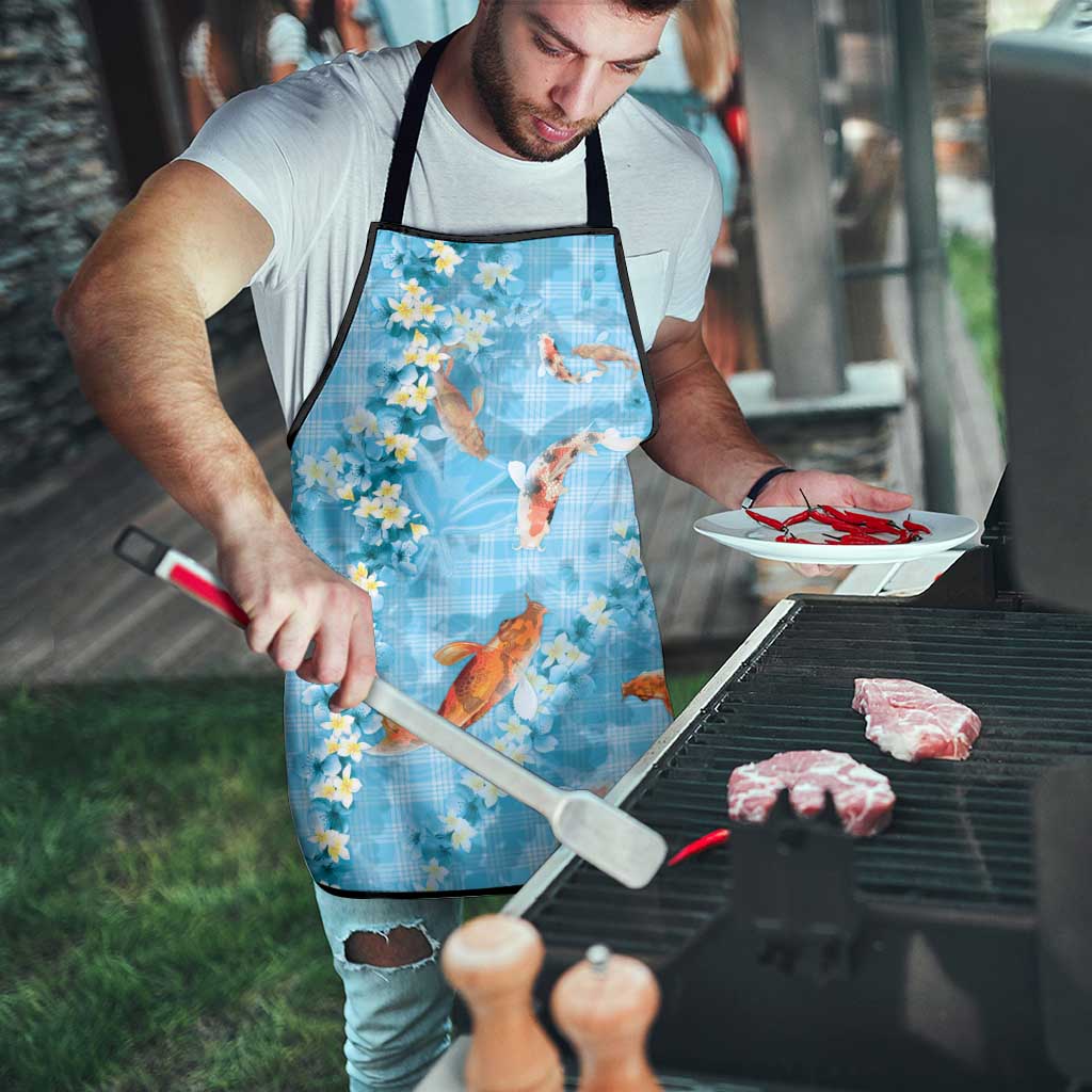 Blue Palaka Hawaiian And Japanese Apron Sakura Lei With Koi Fish - Polynesian Pride