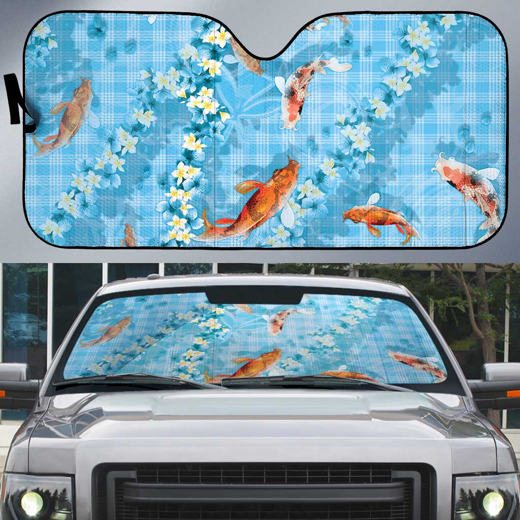 Blue Palaka Hawaiian And Japanese Auto Sun Shade Sakura Lei With Koi Fish - Polynesian Pride