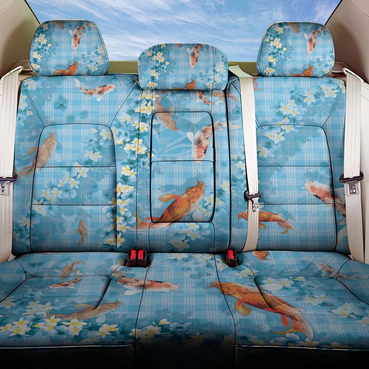 Blue Palaka Hawaiian And Japanese Back Car Seat Cover Sakura Lei With Koi Fish - Polynesian Pride