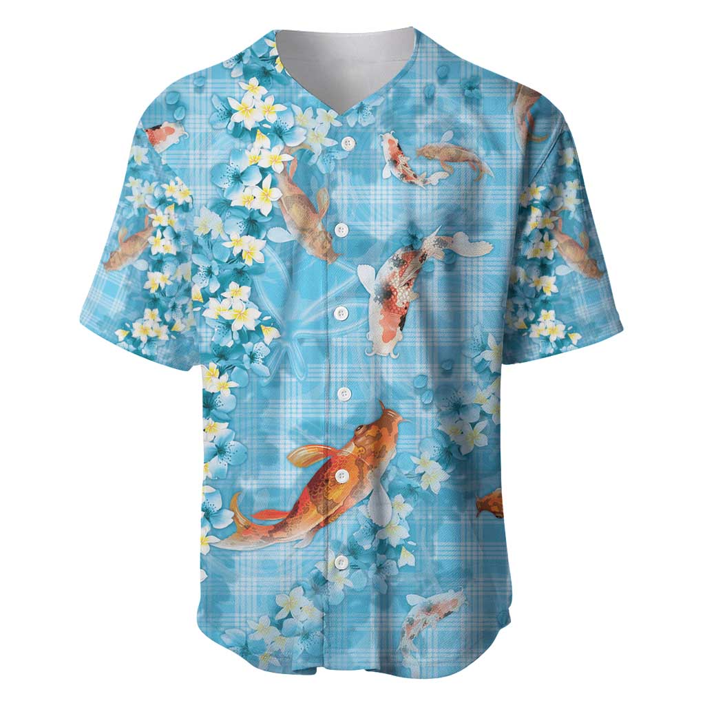 Blue Palaka Hawaiian And Japanese Baseball Jersey Sakura Lei With Koi Fish - Polynesian Pride