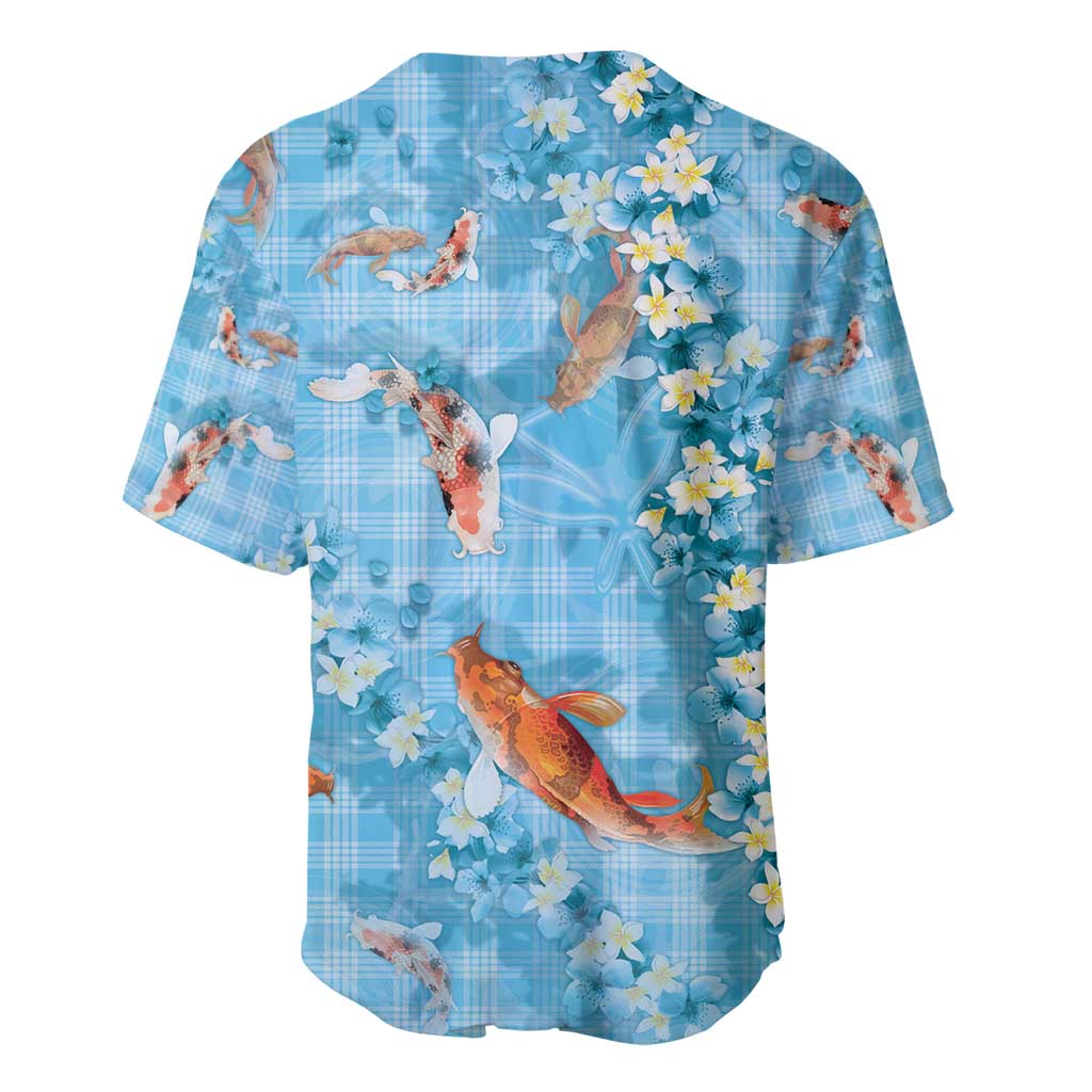 Blue Palaka Hawaiian And Japanese Baseball Jersey Sakura Lei With Koi Fish - Polynesian Pride