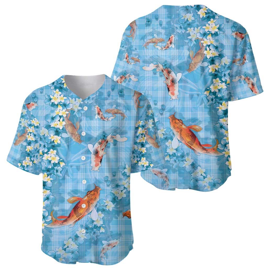 Blue Palaka Hawaiian And Japanese Baseball Jersey Sakura Lei With Koi Fish - Polynesian Pride