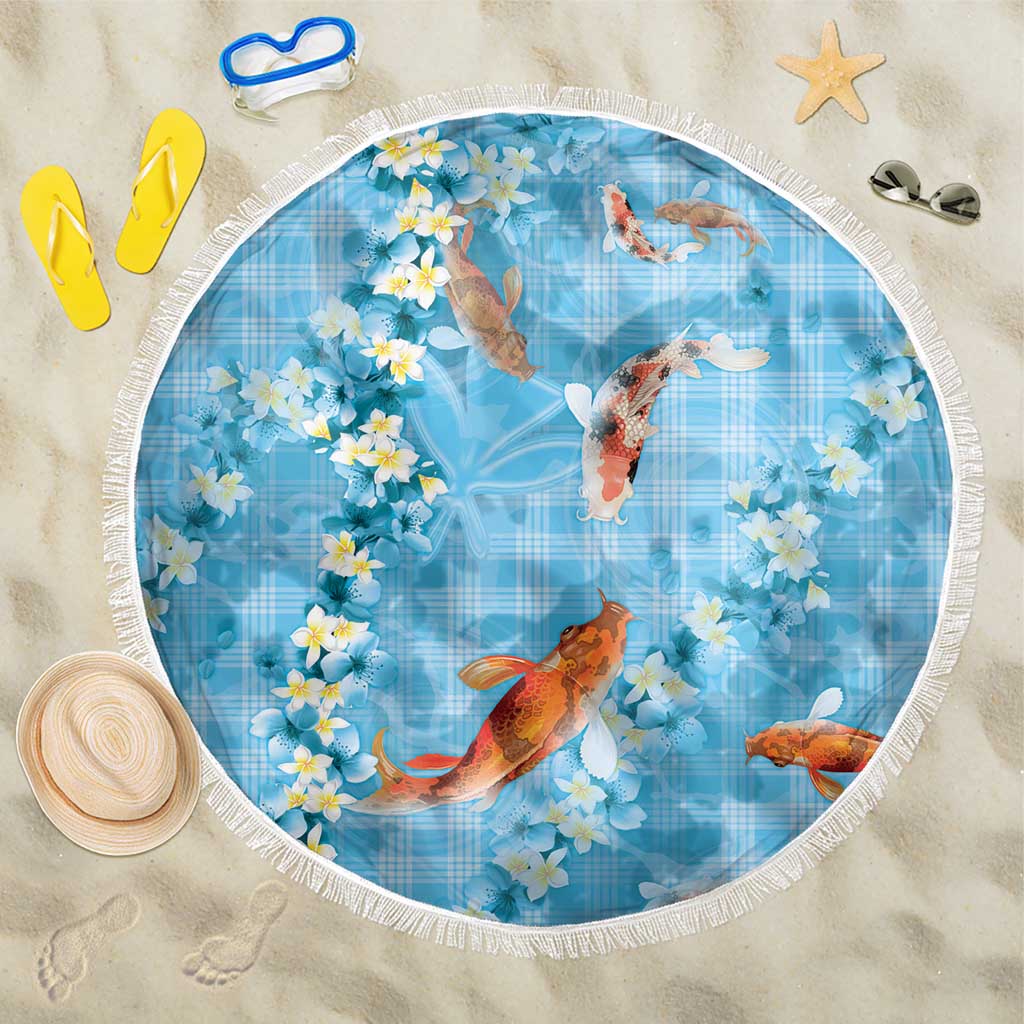Blue Palaka Hawaiian And Japanese Beach Blanket Sakura Lei With Koi Fish DT05 One Size 150cm Blue - Polynesian Pride
