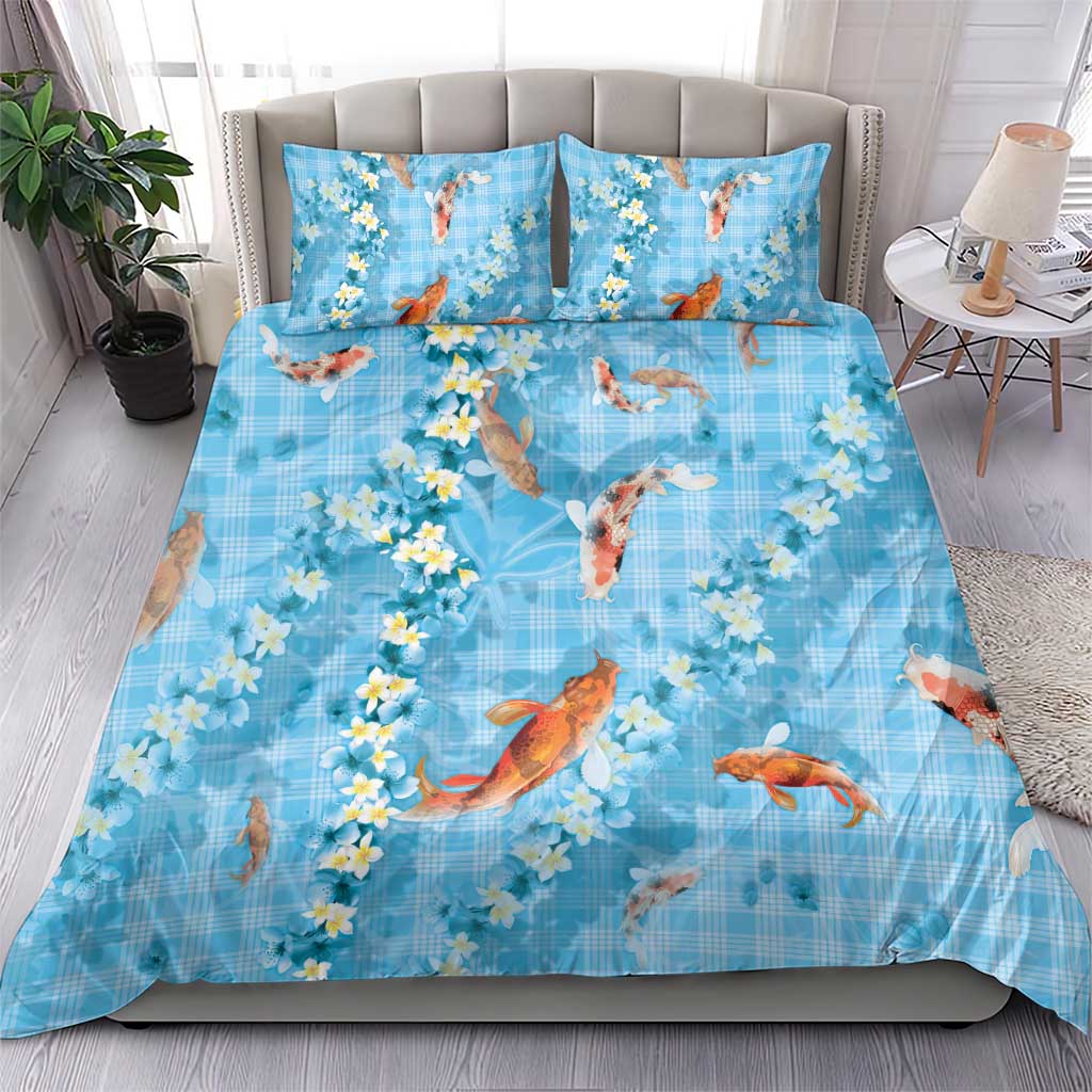 Blue Palaka Hawaiian And Japanese Bedding Set Sakura Lei With Koi Fish - Polynesian Pride
