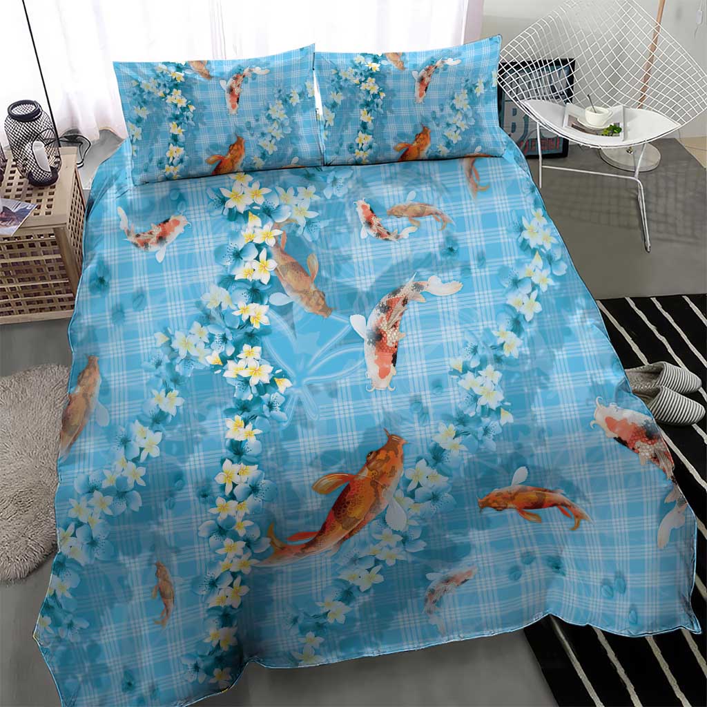 Blue Palaka Hawaiian And Japanese Bedding Set Sakura Lei With Koi Fish - Polynesian Pride