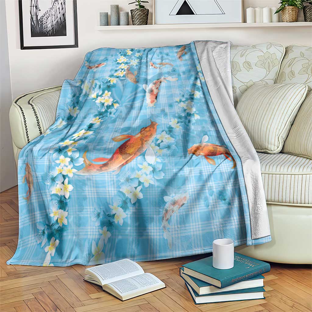 Blue Palaka Hawaiian And Japanese Blanket Sakura Lei With Koi Fish - Polynesian Pride