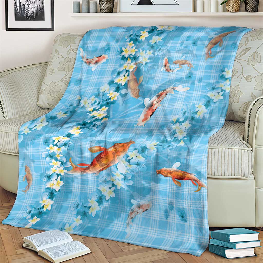 Blue Palaka Hawaiian And Japanese Blanket Sakura Lei With Koi Fish - Polynesian Pride