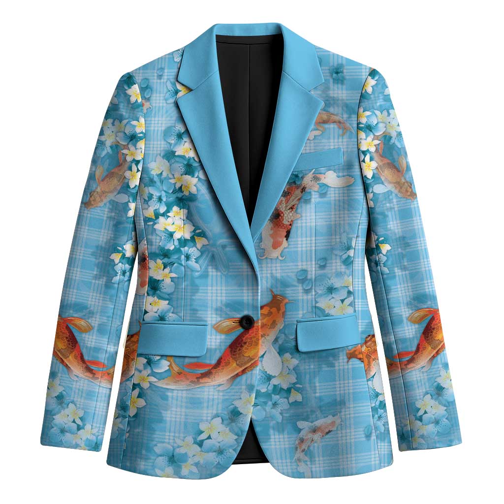 Blue Palaka Hawaiian And Japanese Blazer Sakura Lei With Koi Fish - Polynesian Pride