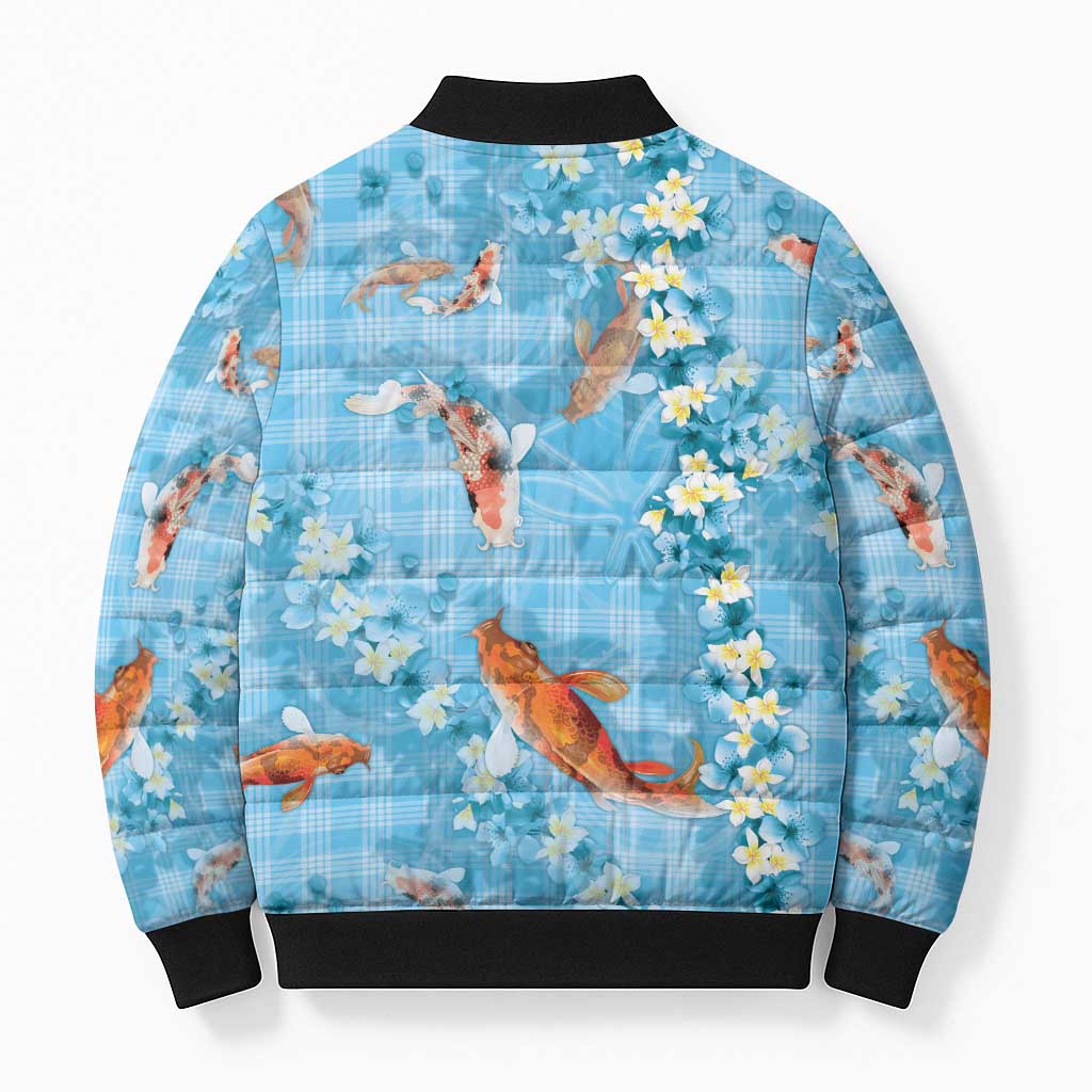 Blue Palaka Hawaiian And Japanese Bomber Puffer Jacket Sakura Lei With Koi Fish - Polynesian Pride