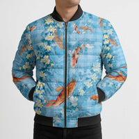 Blue Palaka Hawaiian And Japanese Bomber Puffer Jacket Sakura Lei With Koi Fish - Polynesian Pride