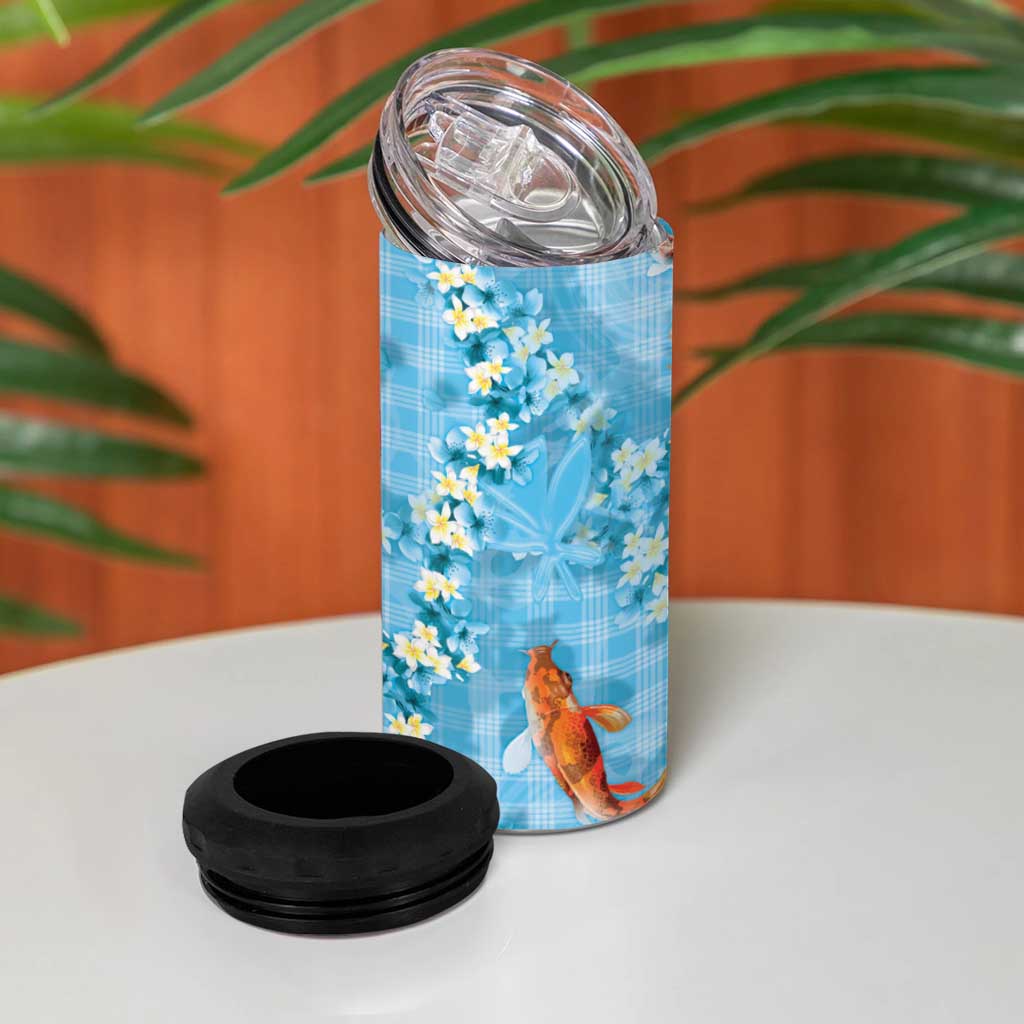 Blue Palaka Hawaiian And Japanese 4 in 1 Can Cooler Tumbler Sakura Lei With Koi Fish - Polynesian Pride
