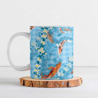Blue Palaka Hawaiian And Japanese Ceramic Mug Sakura Lei With Koi Fish - Polynesian Pride